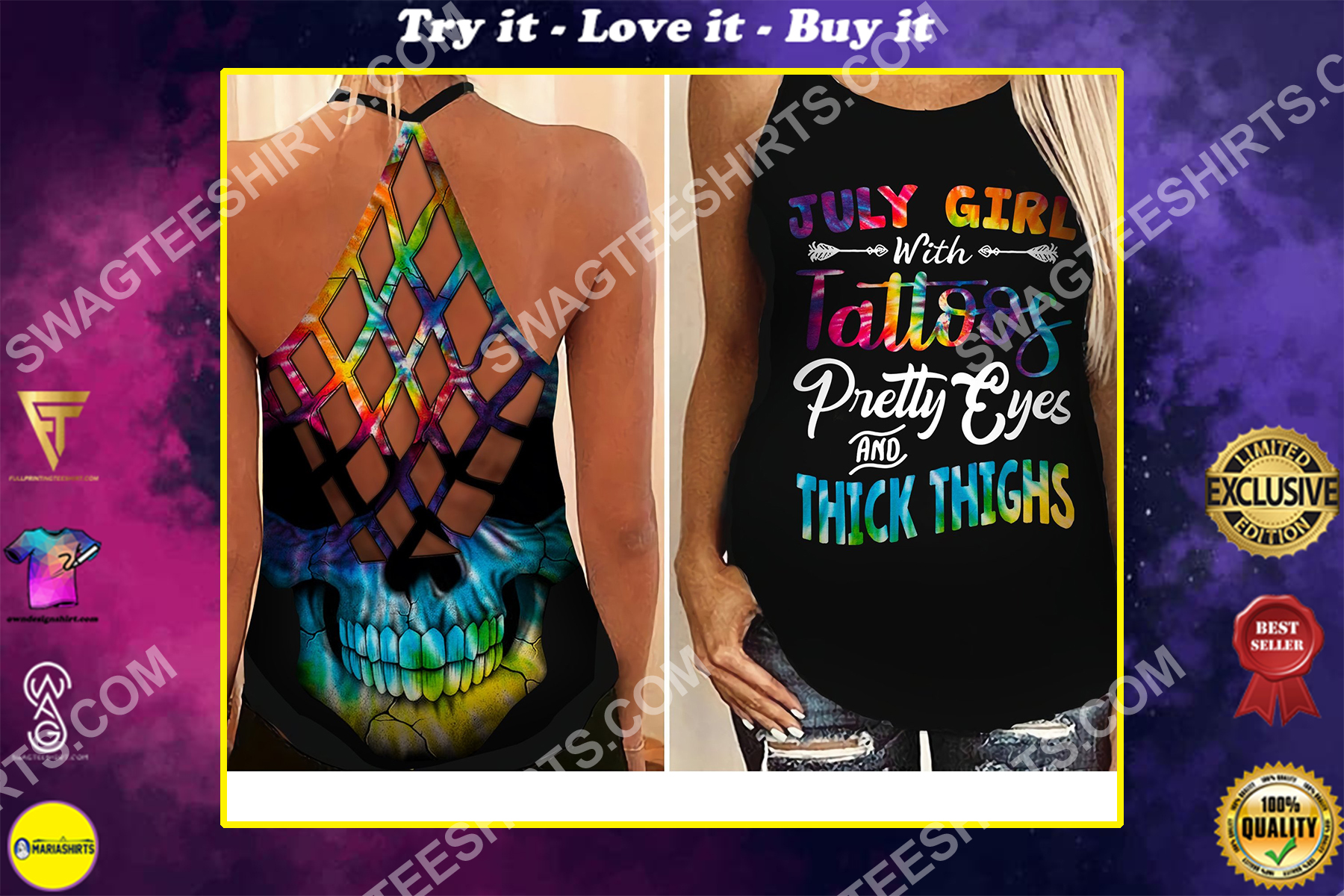 skull hippie july girl with tattoos all over printed strappy back tank top