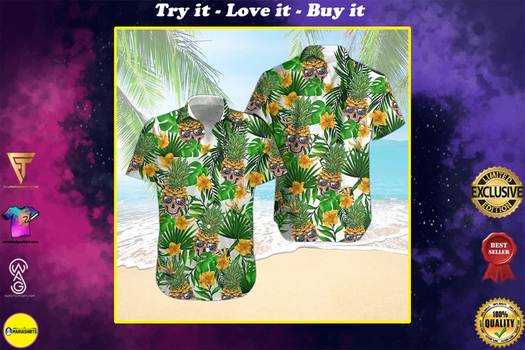 skull pineapple tropical all over printed hawaiian shirt
