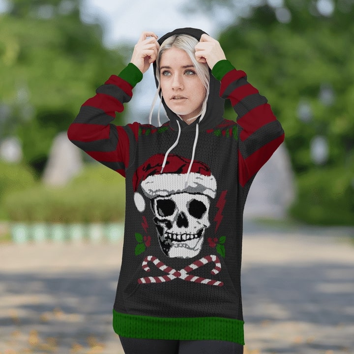 skull santa christmas time full printing hoodie