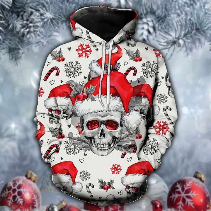 skull santa hat christmas all over printed hoodie
