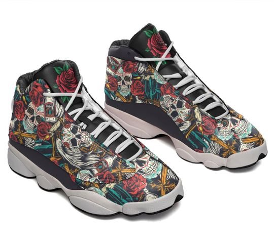 skull tattoo pattern roses all over printed air jordan 13 sneakers 2