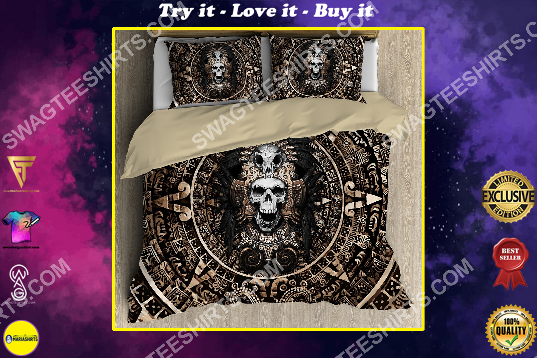 skull the aztec warrior mexican all over printed bedding set