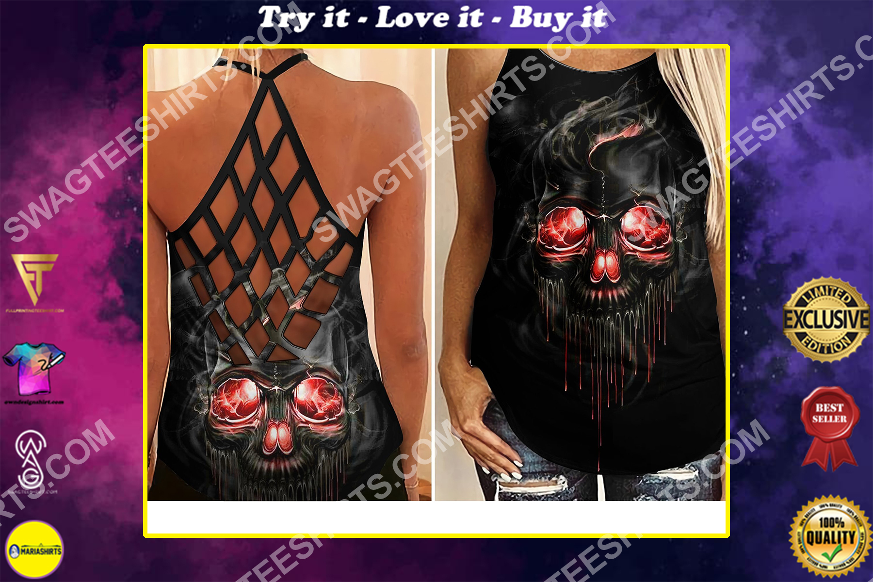 skull with red eyes all over printed strappy back tank top