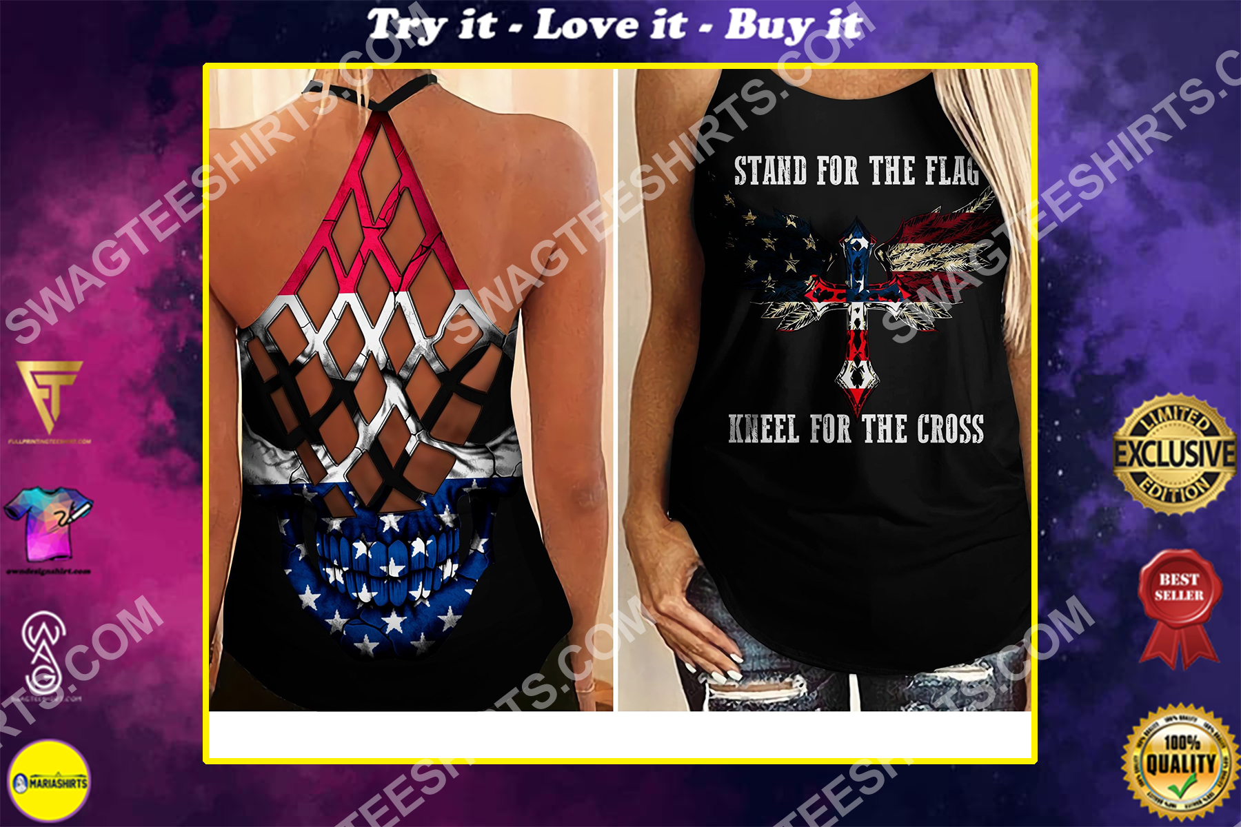 stand for flag kneel for cross all over printed strappy back tank top