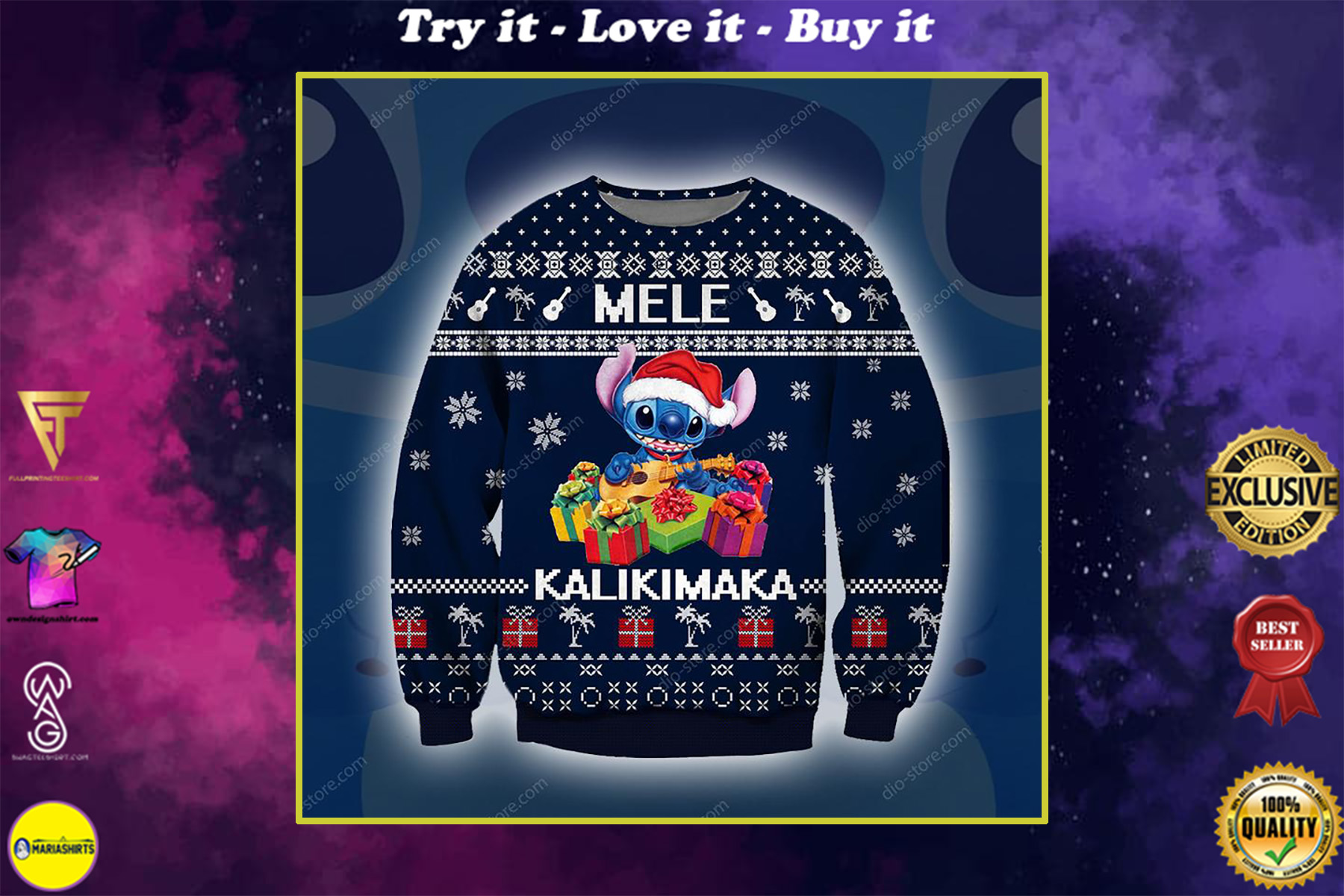 stitch mele kalikimaka all over printed ugly christmas sweater