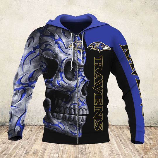 sugar skull and baltimore ravens football team full over printed zip hoodie