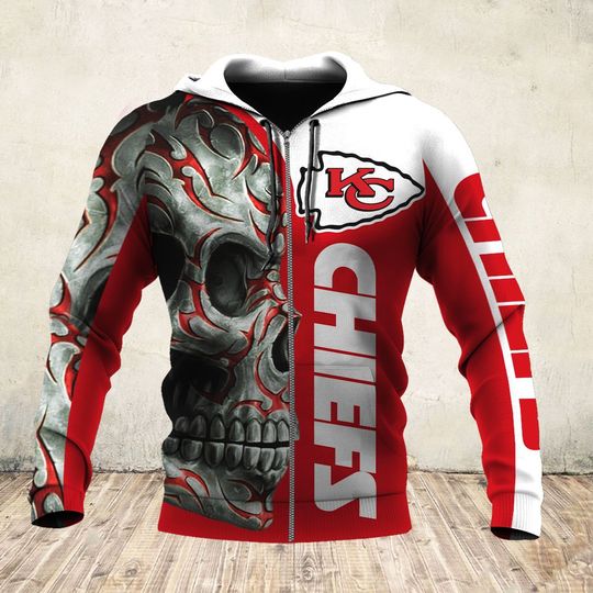 sugar skull and kansas city chiefs football team full over printed zip hoodie