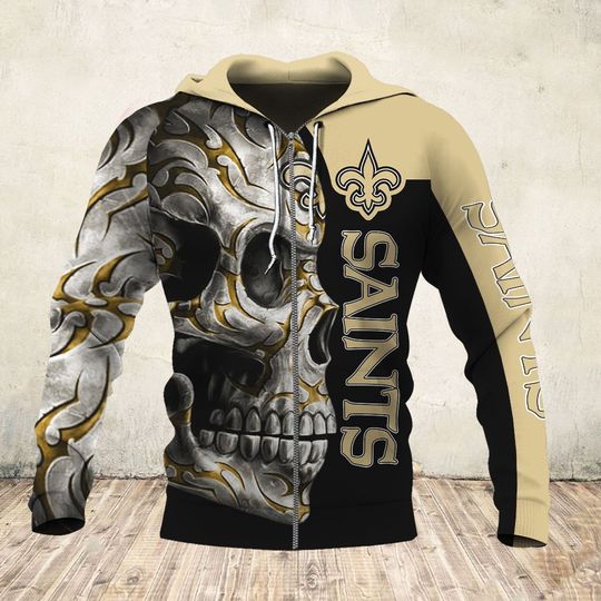 sugar skull and new orleans saints football team full over printed zip hoodie