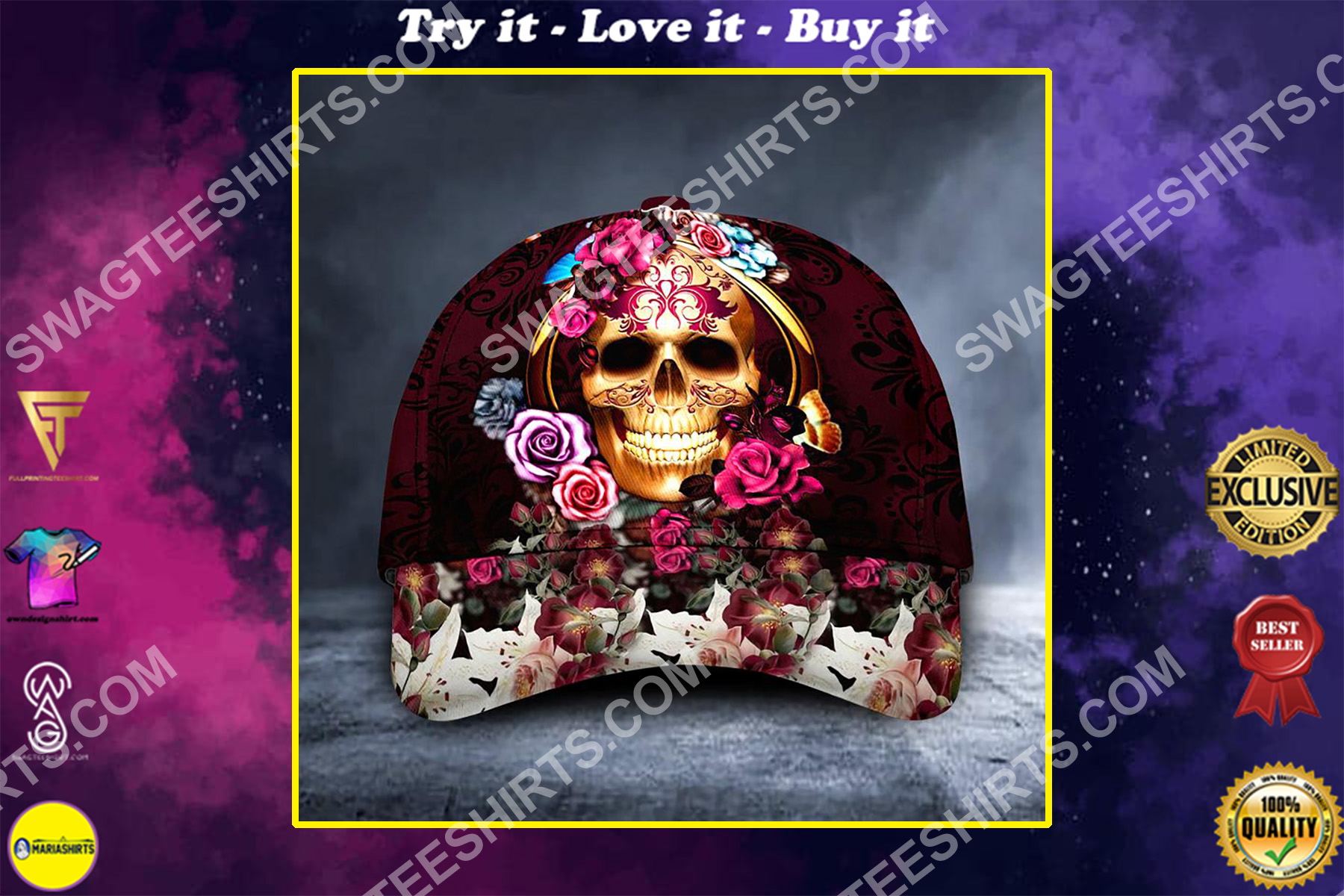 sugar skull girl and roses all over printed classic cap