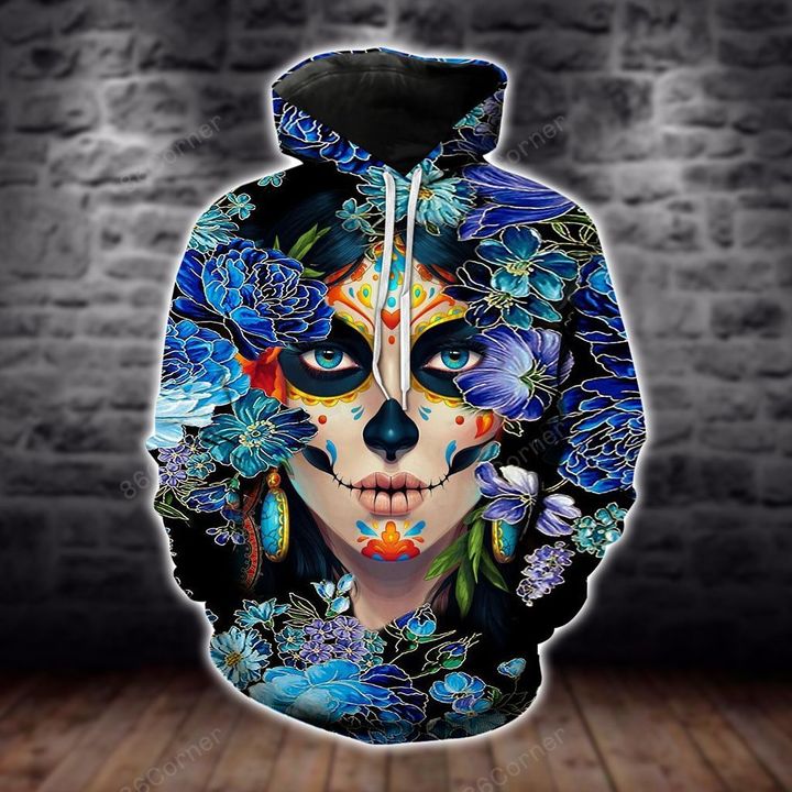 sugar skull girl day of the dead floral all over printed hoodie