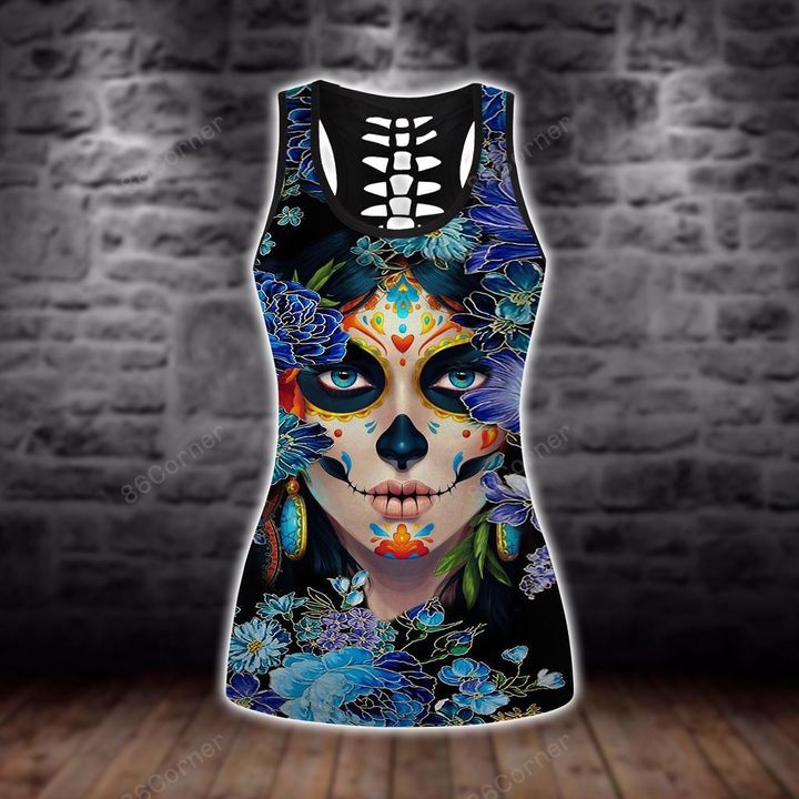sugar skull girl day of the dead floral all over printed tank top