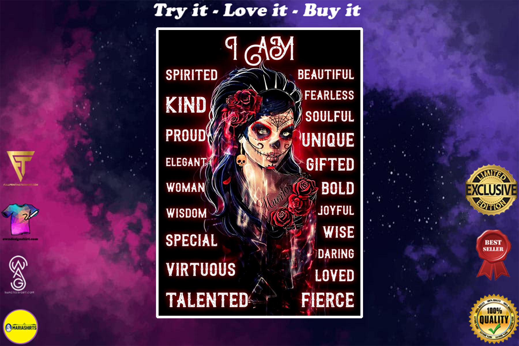 sugar skull i am beautiful fearless soulful loved talented poster