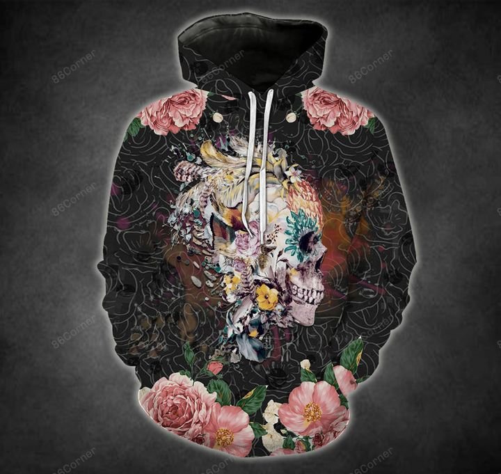 sugar skull with rose flower all over printed hoodie