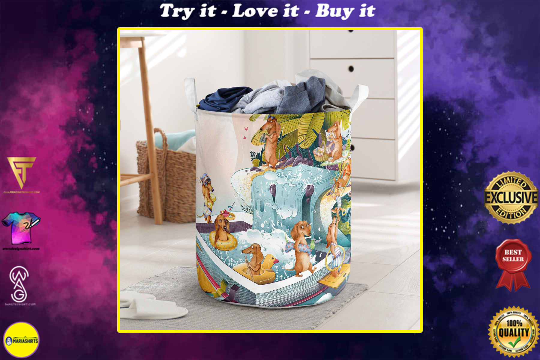 summer dachshund all over printed laundry basket
