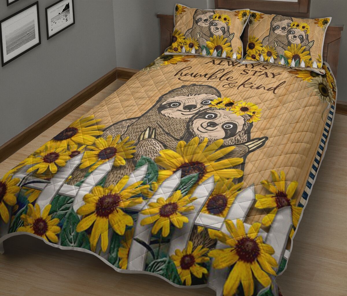 sunflower and sloth always stay humble and kind full printing bedding set 3