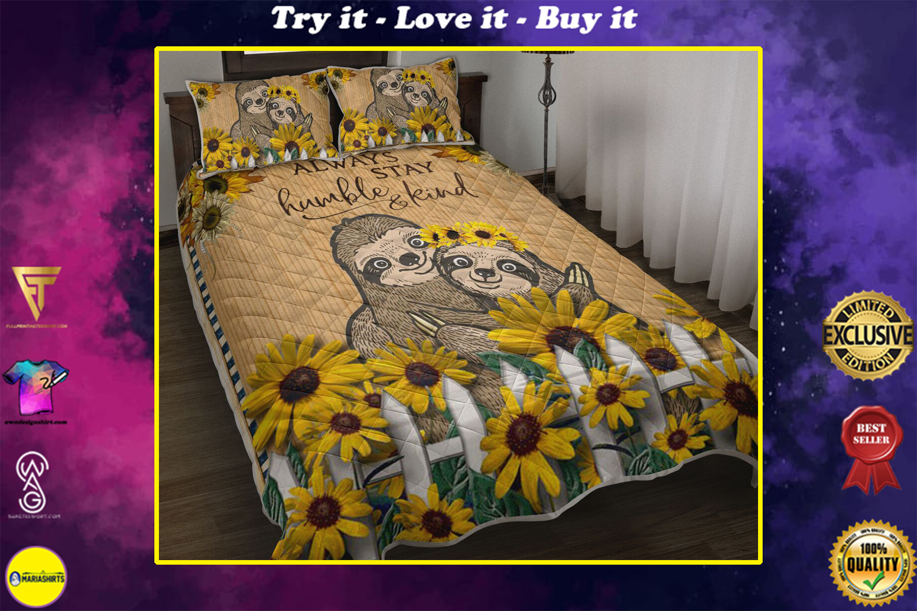 sunflower and sloth always stay humble and kind full printing bedding set