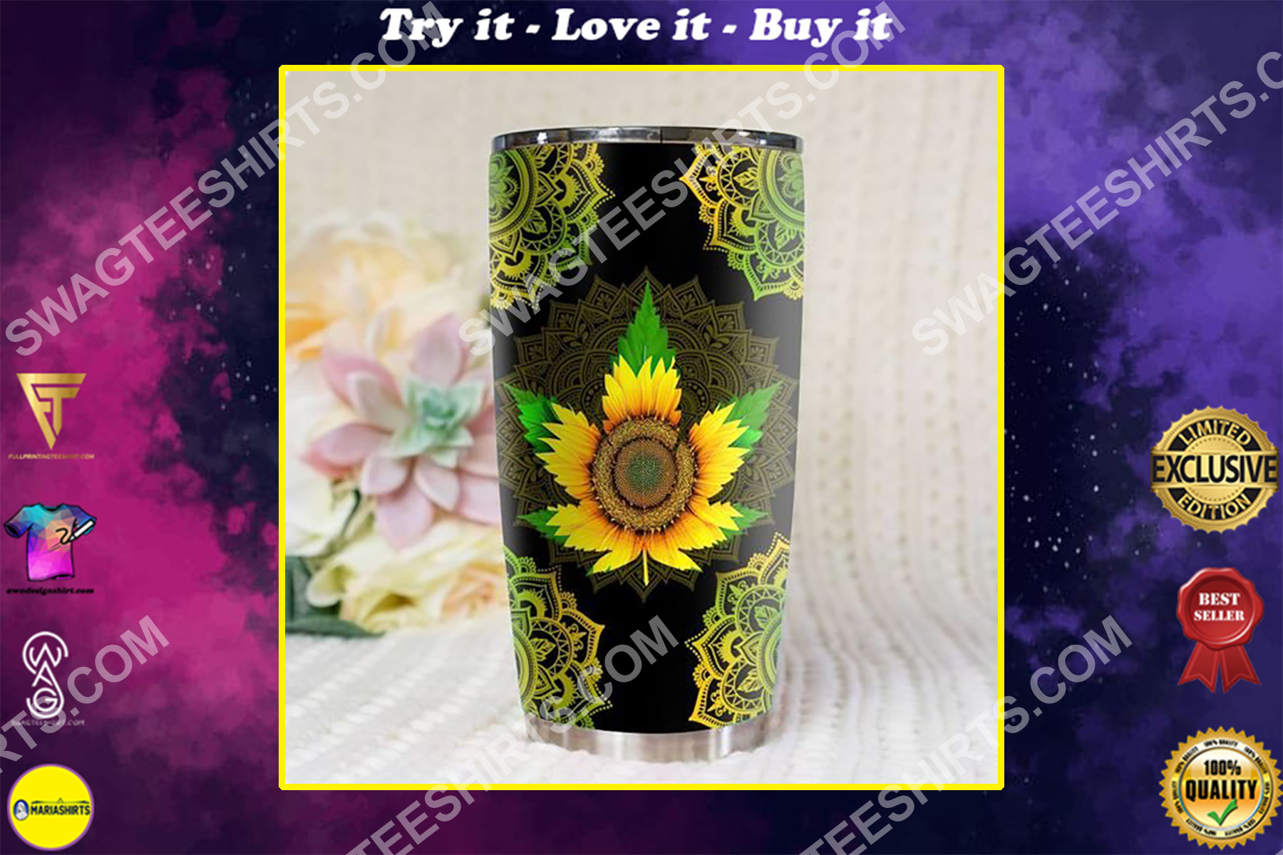 sunflower cannabis all over printed stainless steel tumbler