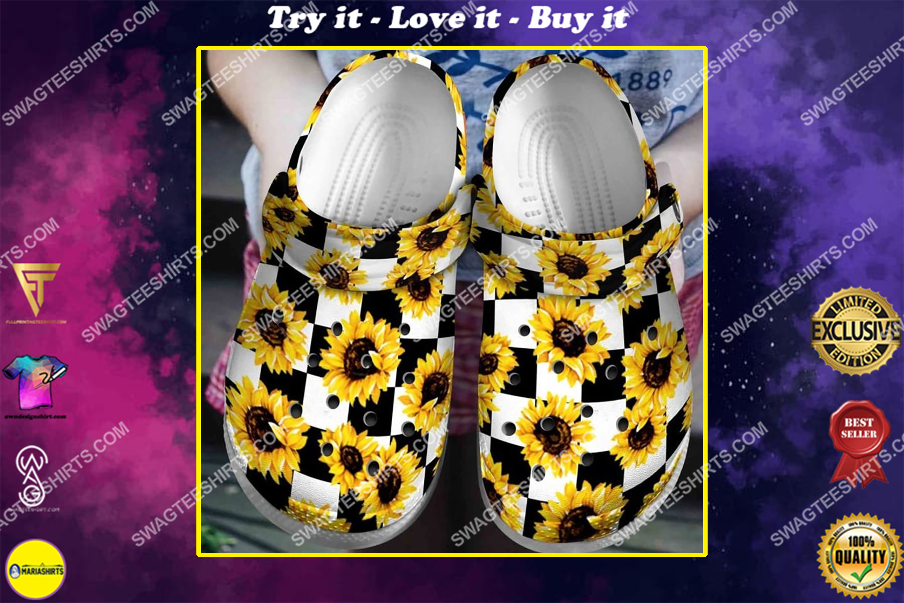 sunflower white and black ​all over printed crocs crocband clog