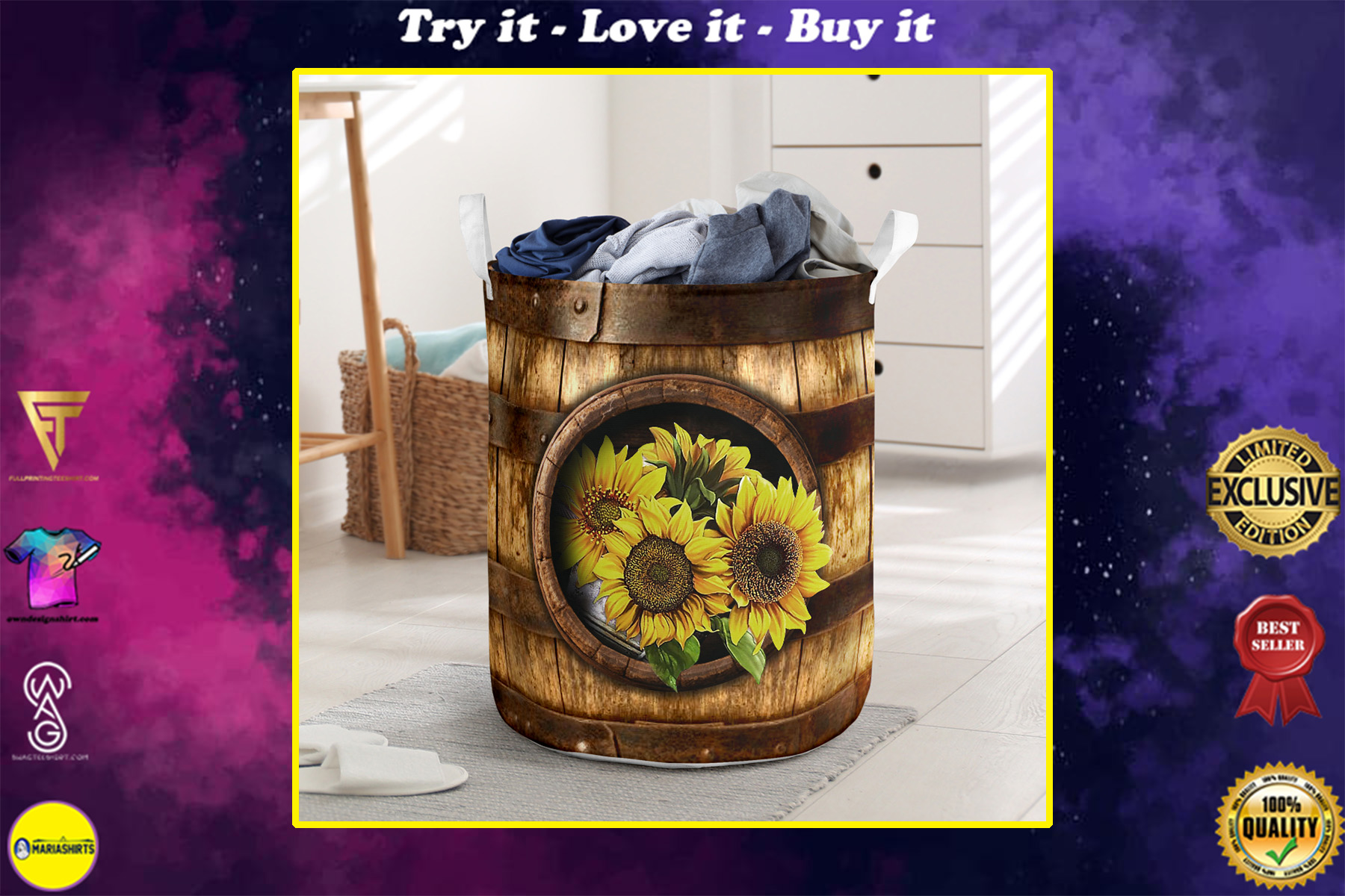 sunflower wood pattern all over printed laundry basket