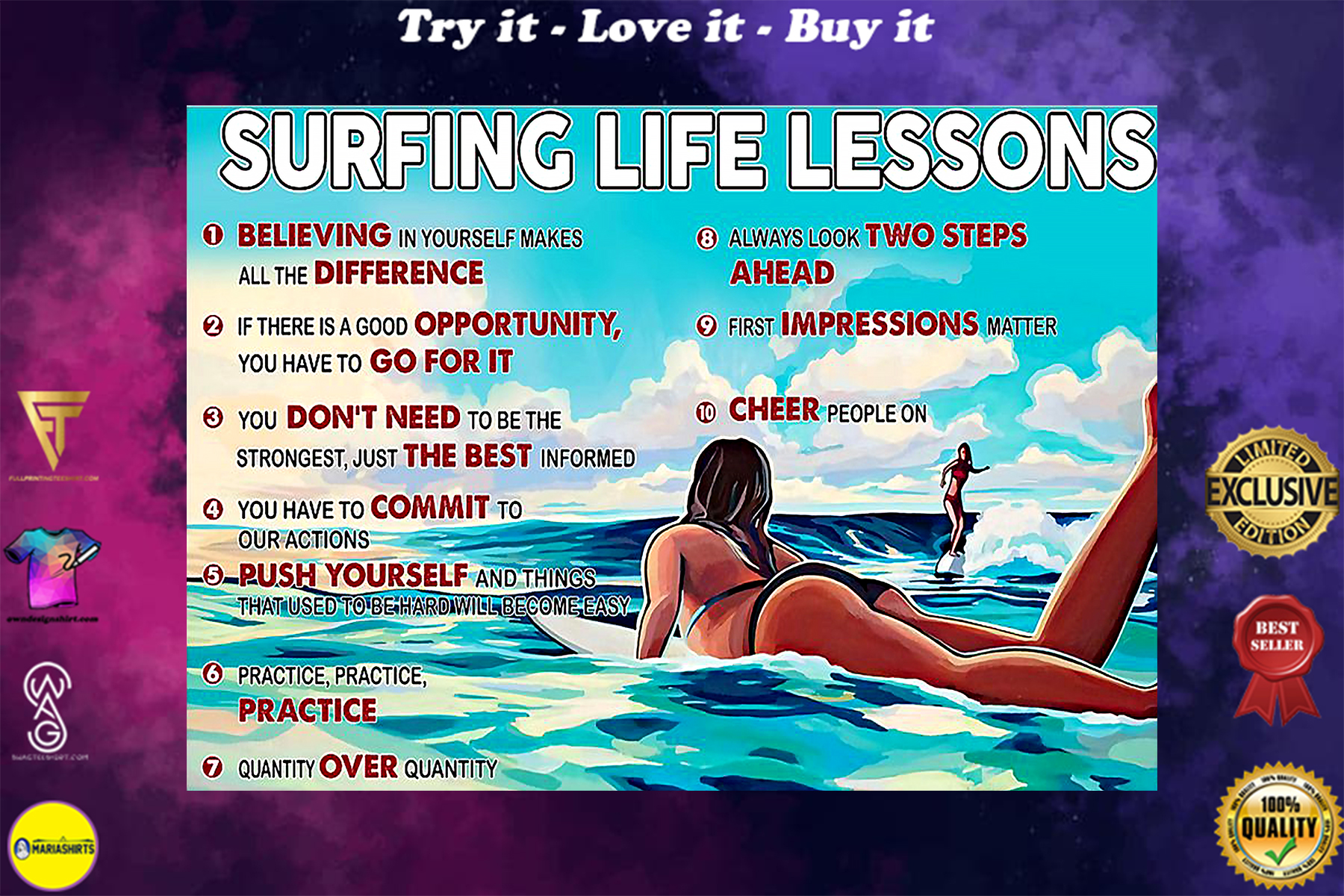 surfing life lessons vintage poster