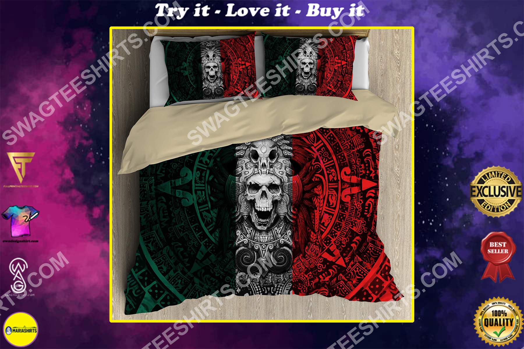 the aztec skull warrior mexico all over printed bedding set