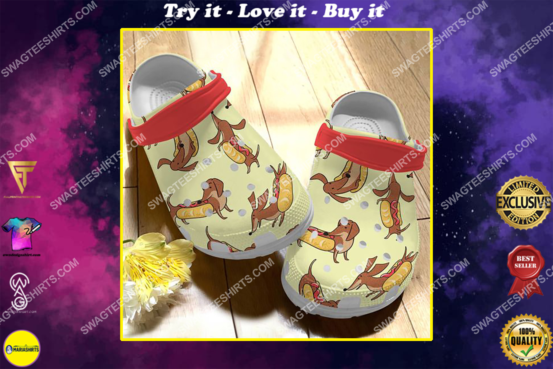 the dachshund and sausage all over printed crocs