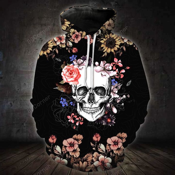 the dark skull with flower all over printed hoodie