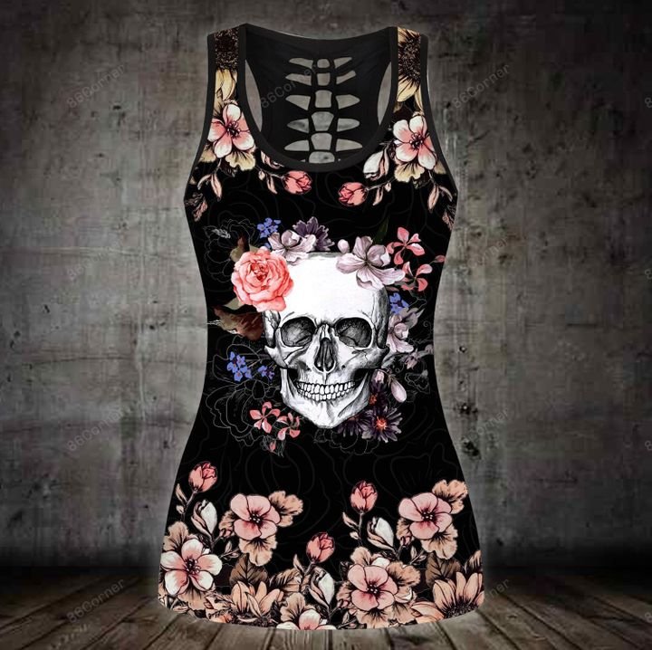 the dark skull with flower all over printed tank top