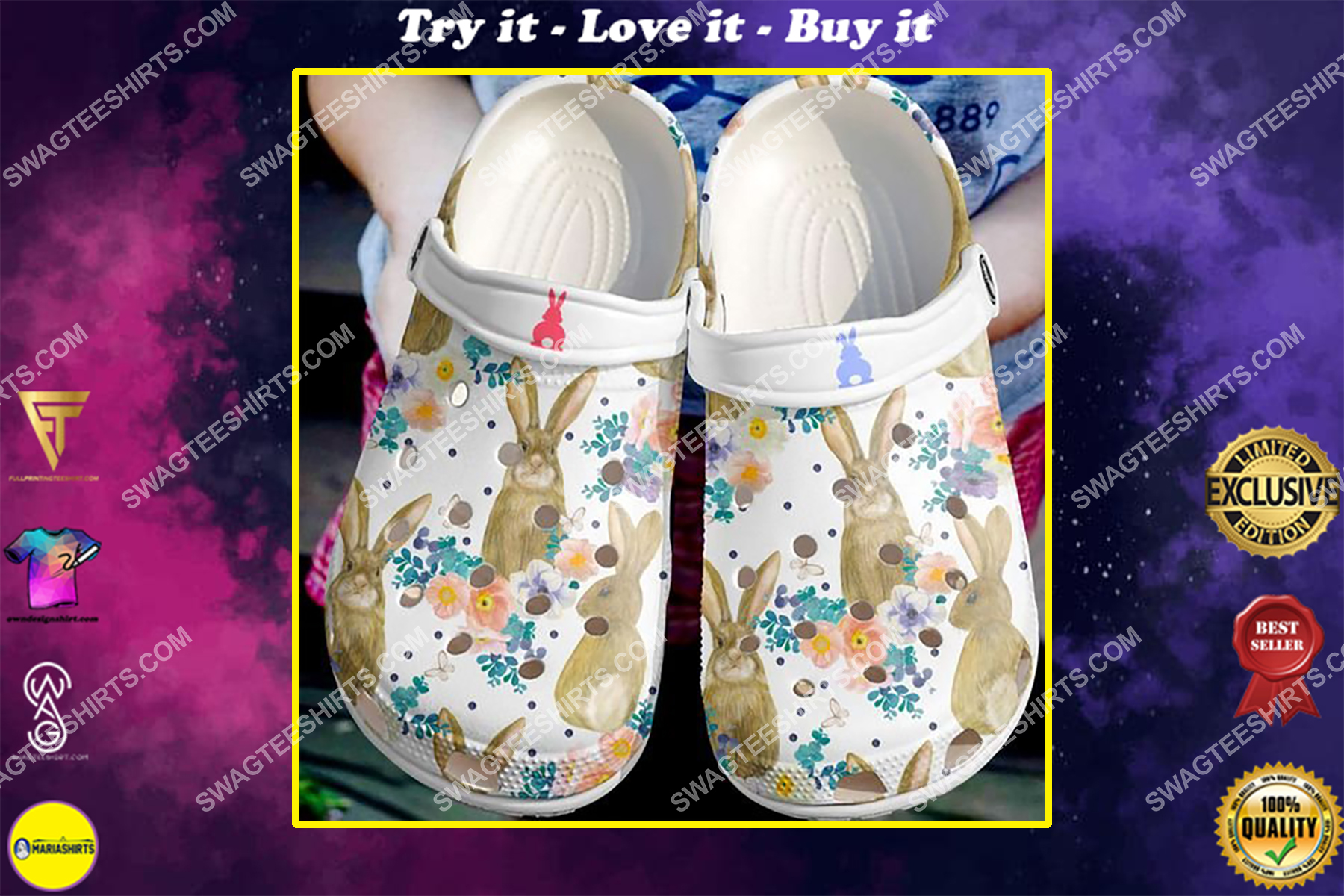 the flower and rabbit all over printed crocs
