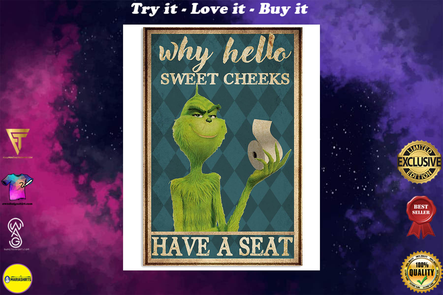 the grinch why hello sweet cheeks have a seat retro poster