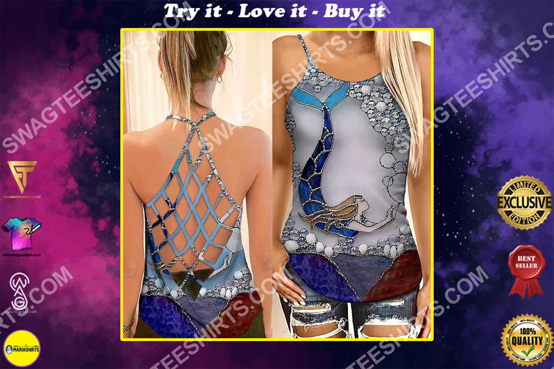 the little mermaid all over printed strappy back tank top