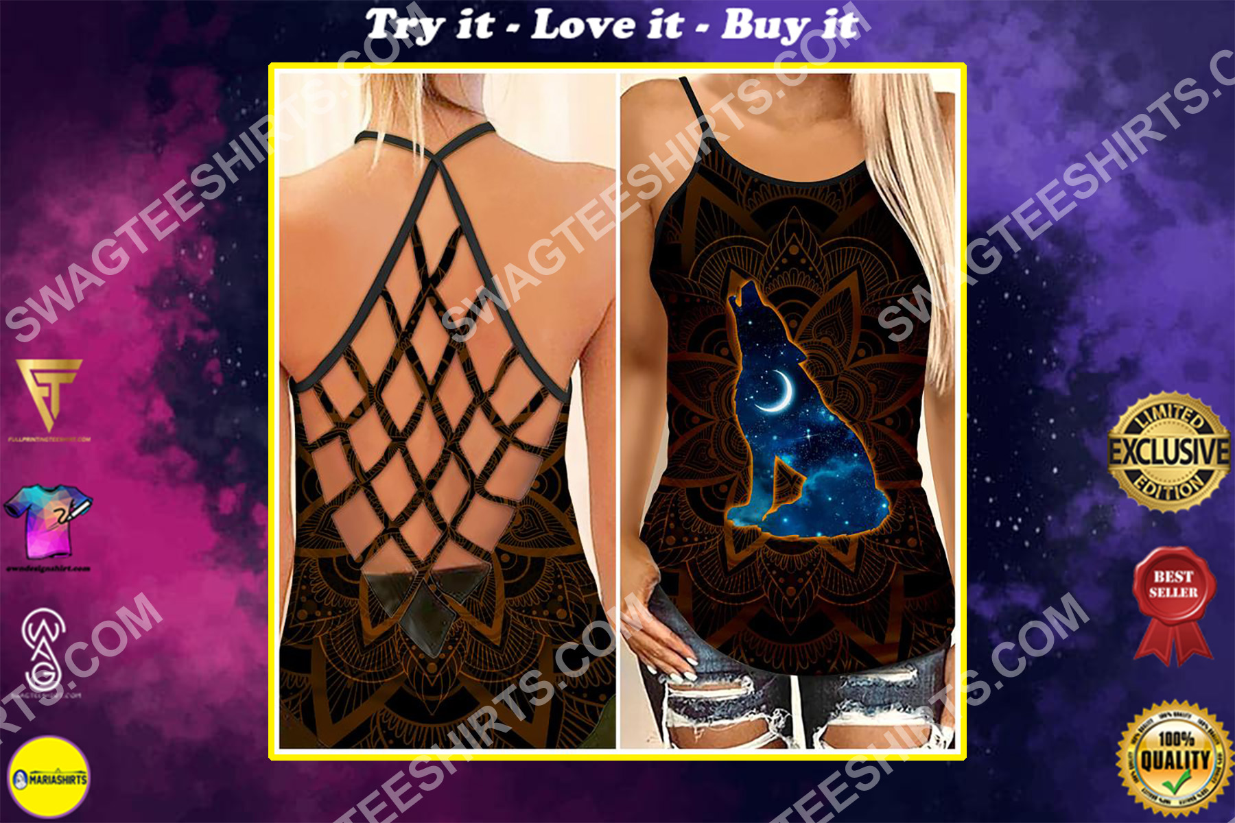 the moon and wolf mandala strappy back tank top