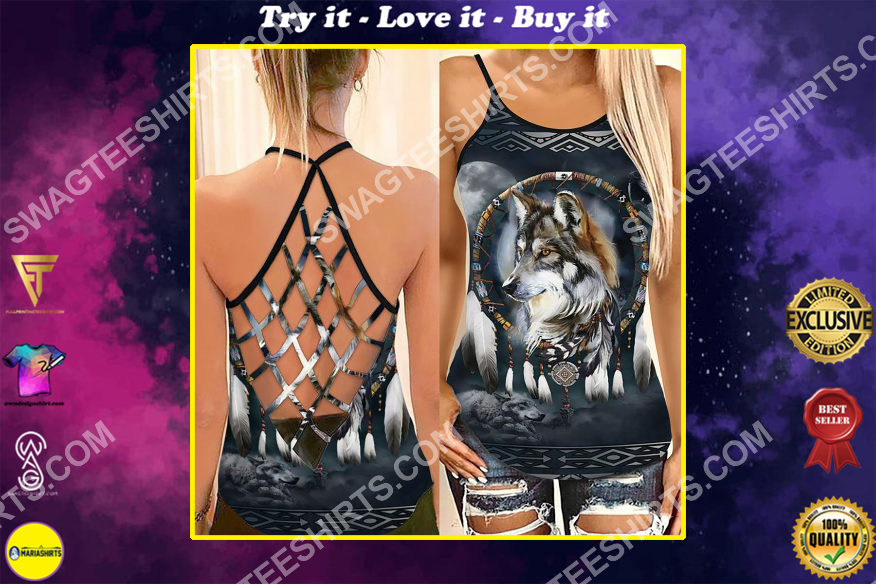 the native americans wolf and moon strappy back tank top