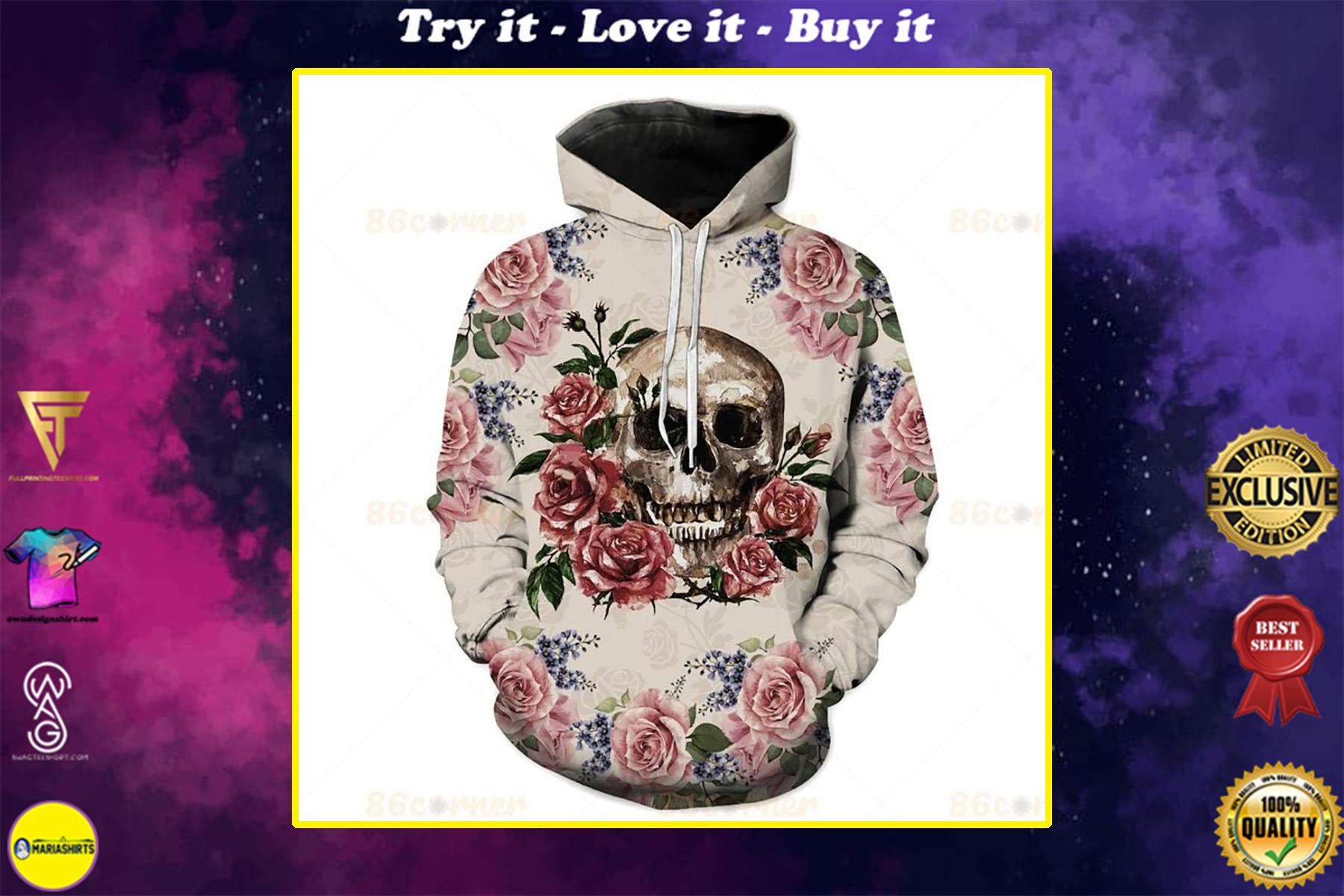 the skull and rose all over printed shirt