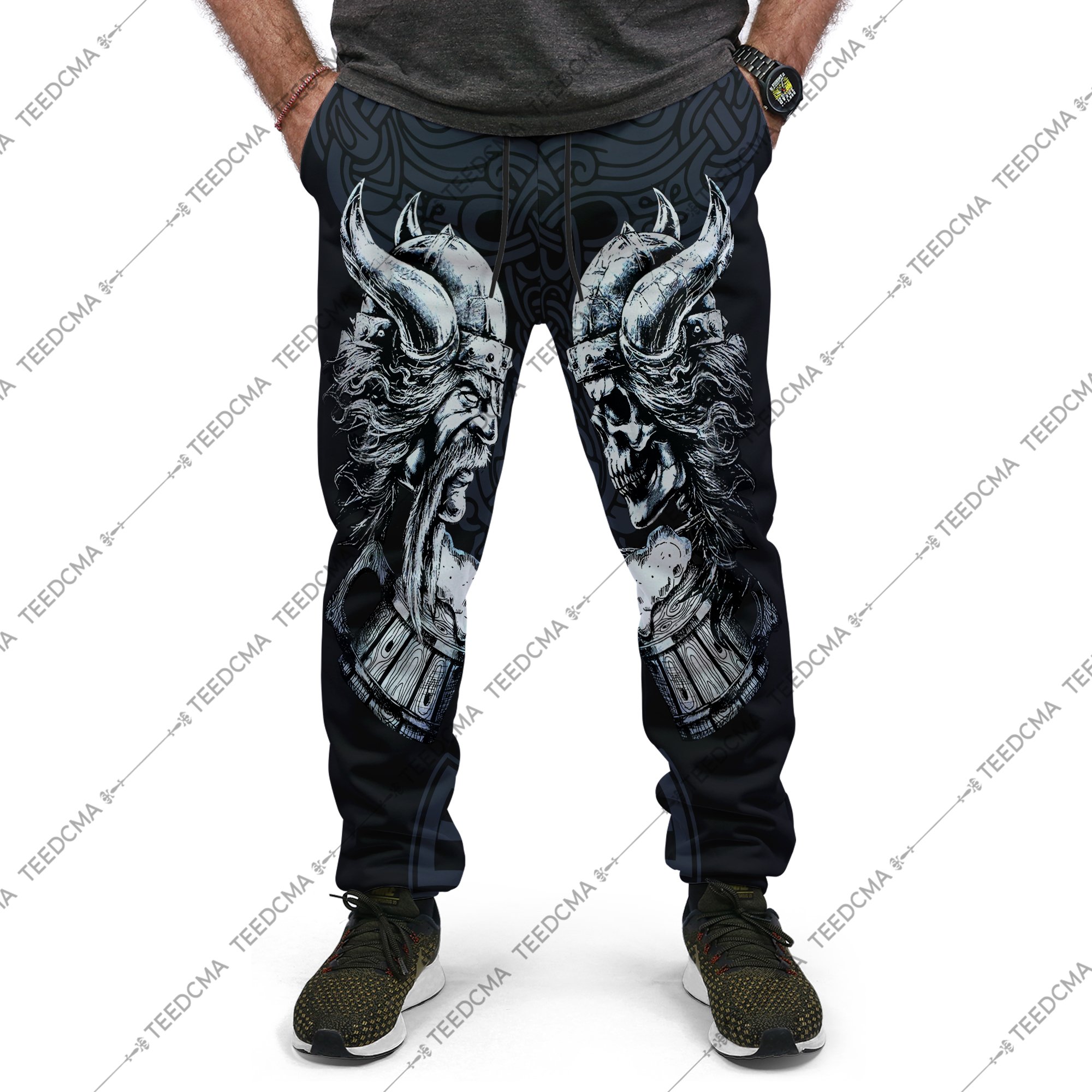 the skull and warrior viking all over printed long-pants