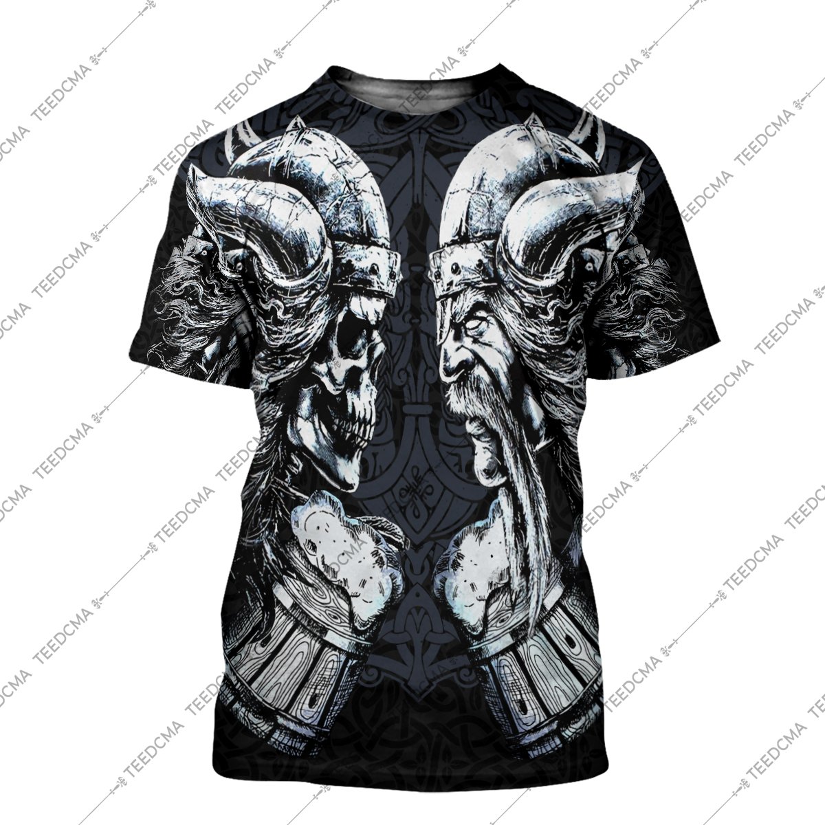 the skull and warrior viking all over printed tshirt