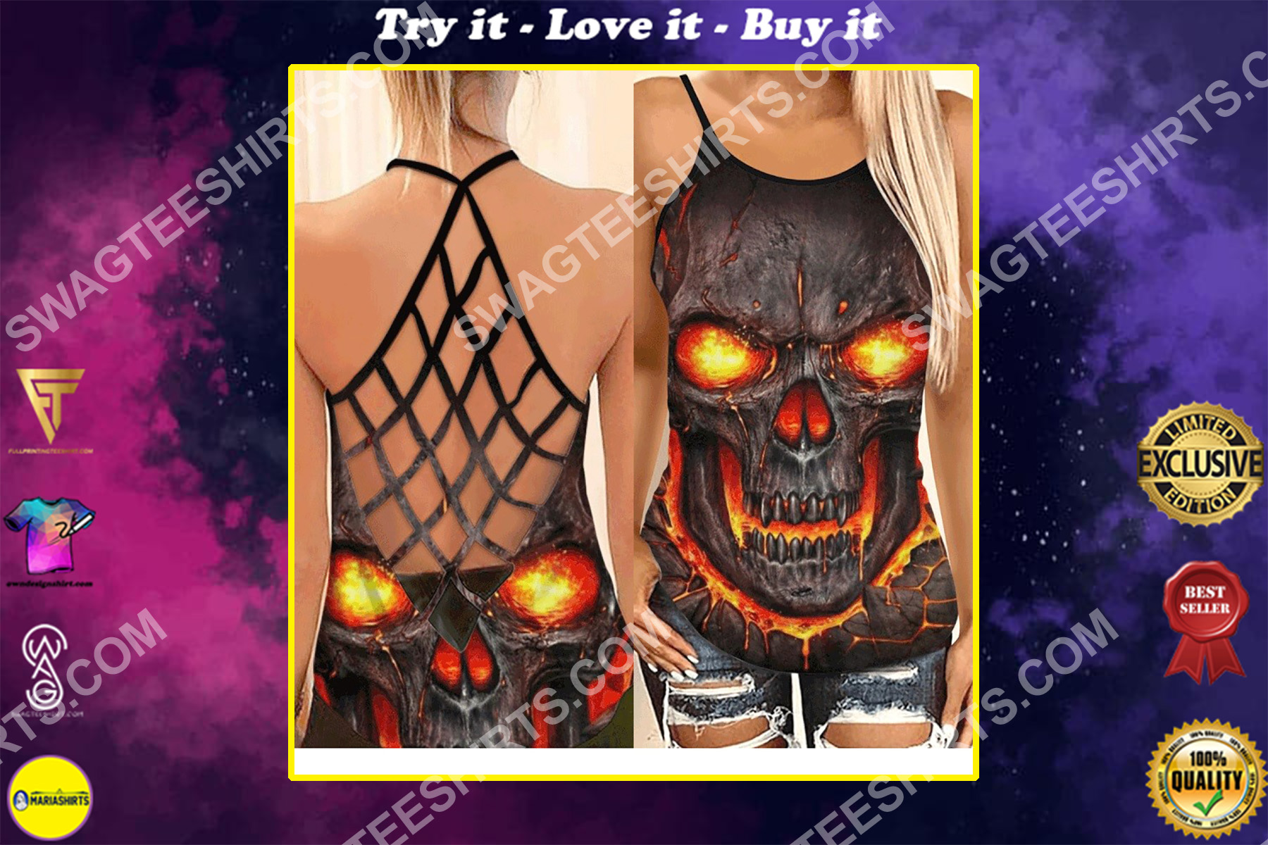 the skull lava fire all over printed strappy back tank top