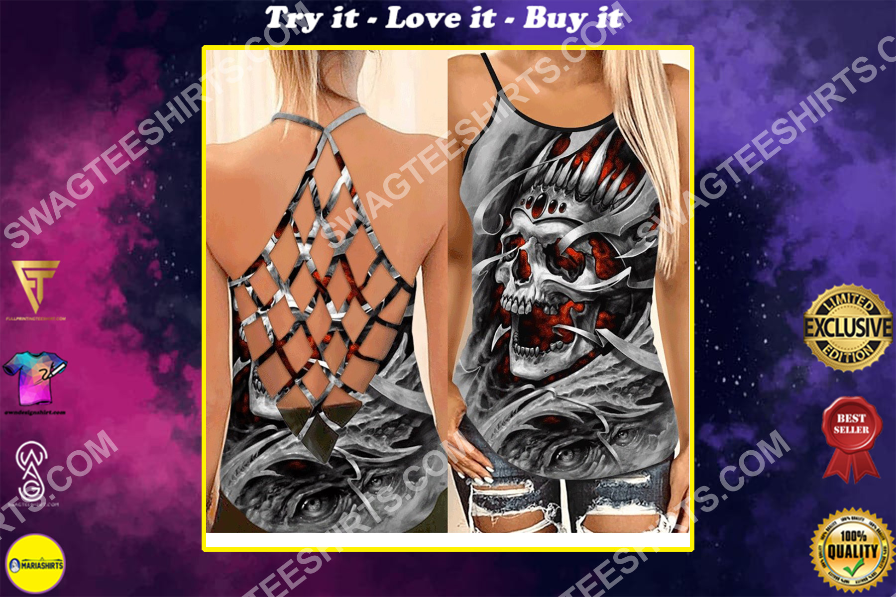 the skull with crow all over printed strappy back tank top