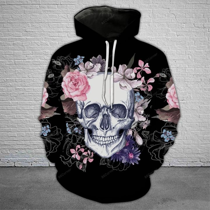 the skull with floral all over printed hoodie
