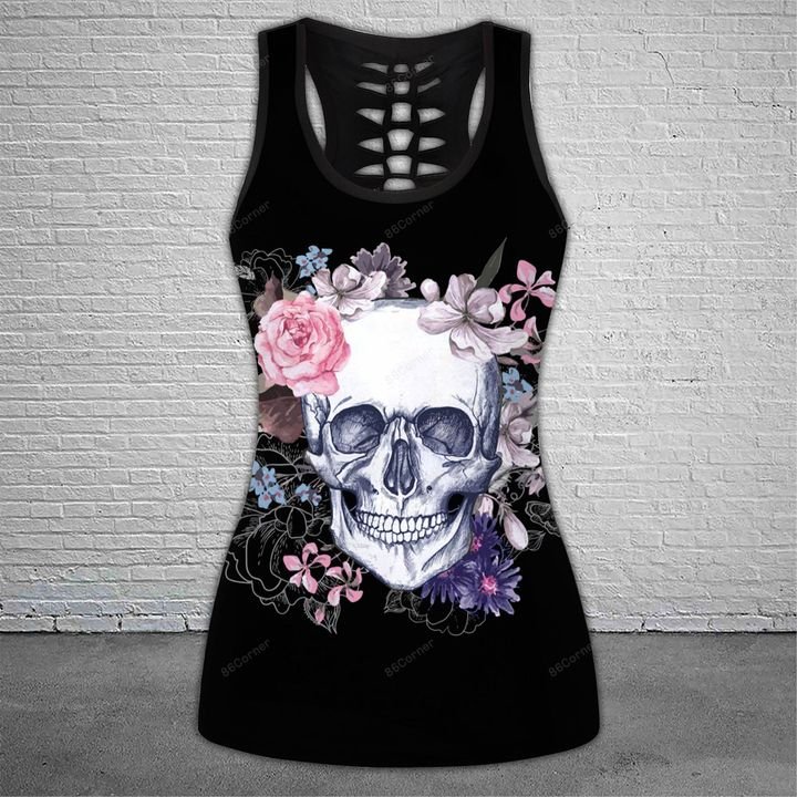 the skull with floral all over printed tank top