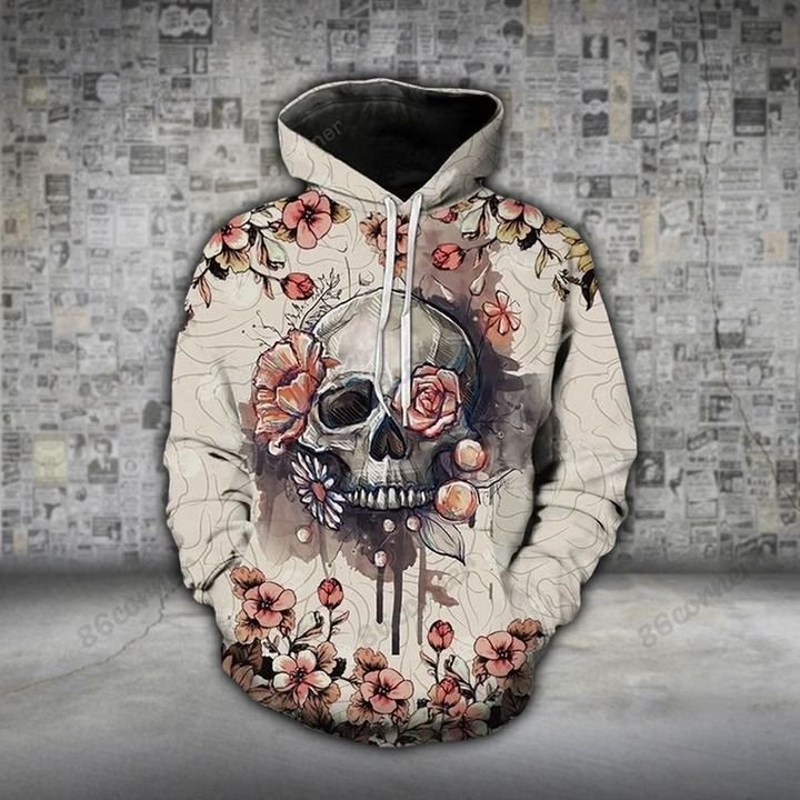 the skull with flower all over printed hoodie