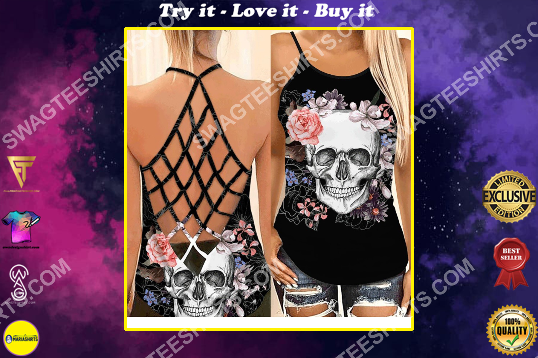 the skull with flower all over printed strappy back tank top