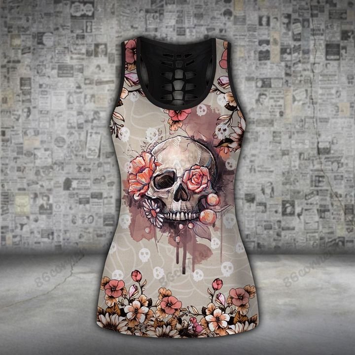 the skull with flower all over printed tank top