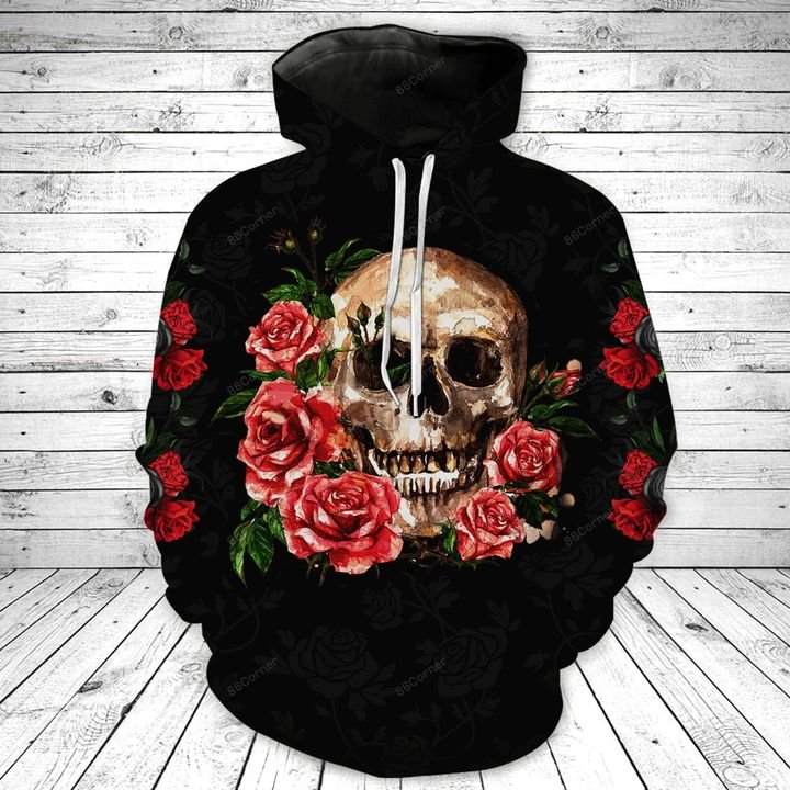 the skull with rose flower all over printed hoodie