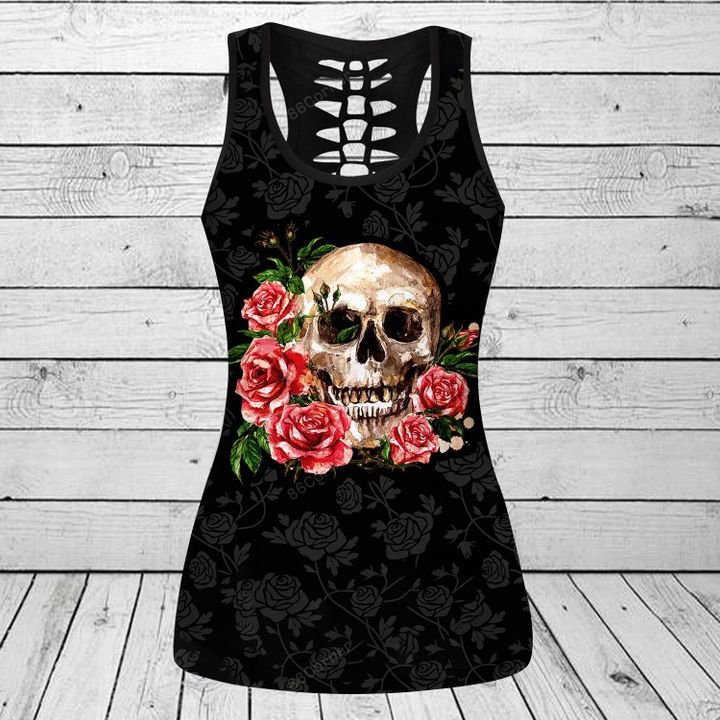 the skull with rose flower all over printed tank top