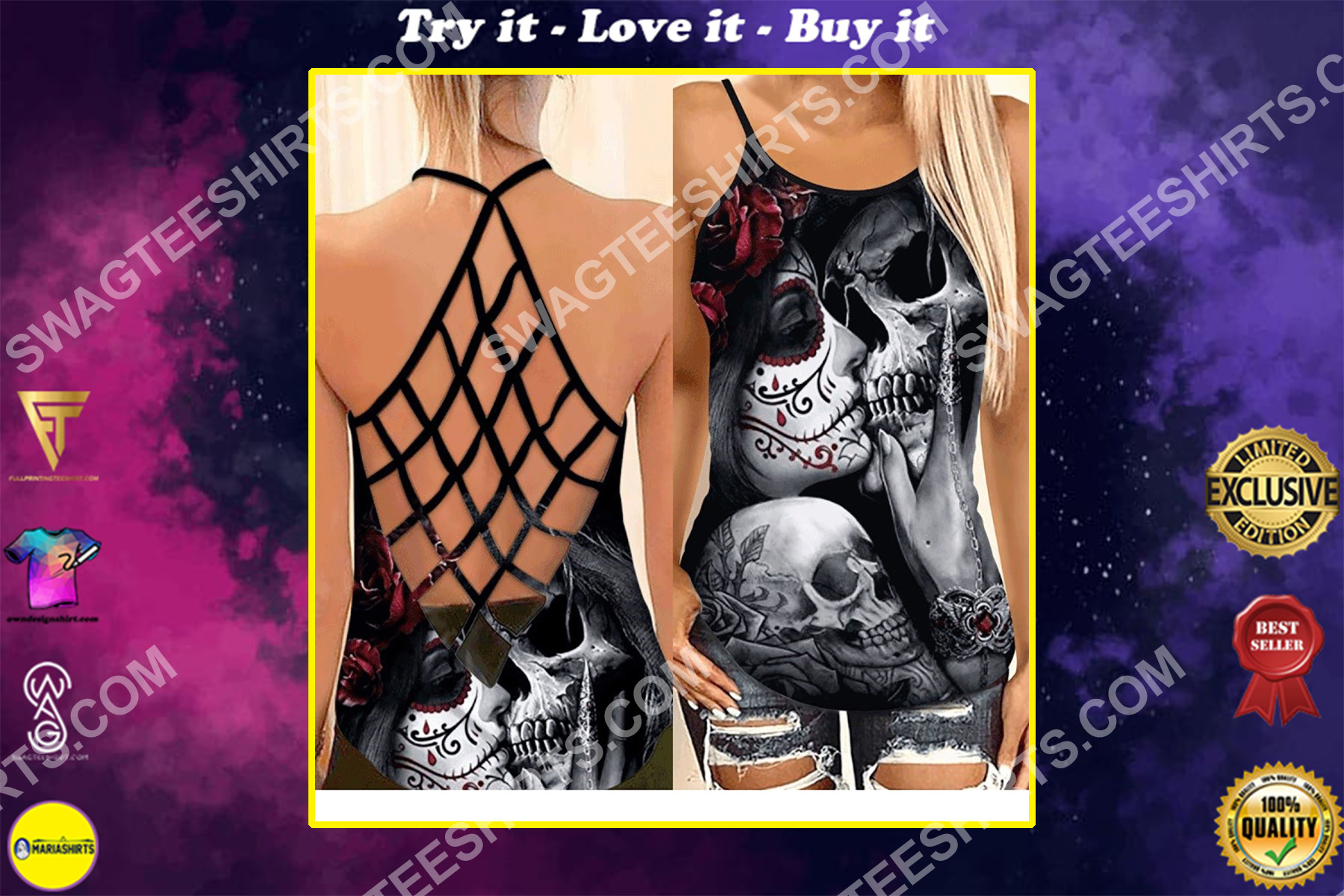 the sugar skull girl all over printed strappy back tank top