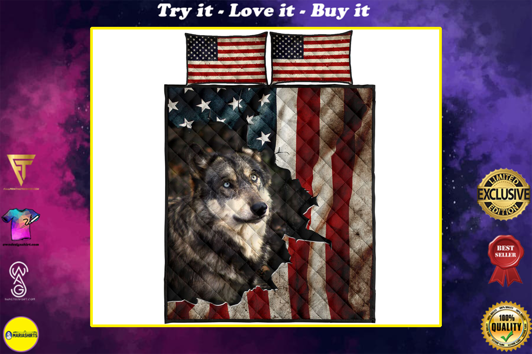 the wolf in american flag full over print quilt