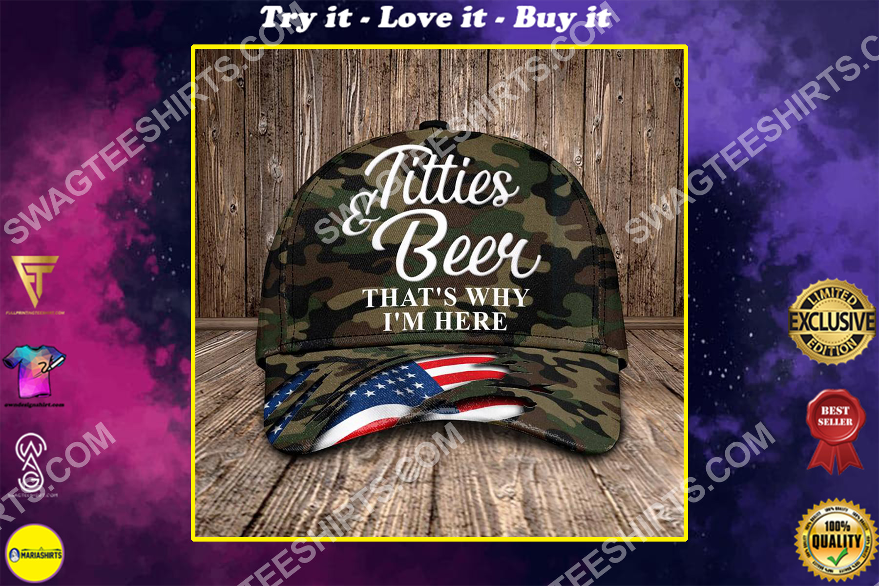 titties and beer that's why i'm here all over printed classic cap