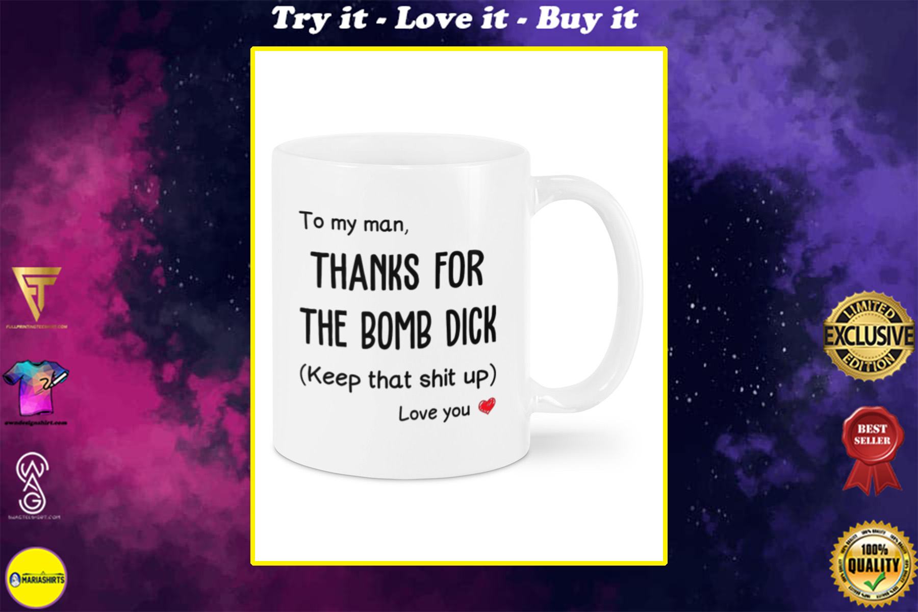 to my man thanks for the bomb dick love you happy valentine's day mug