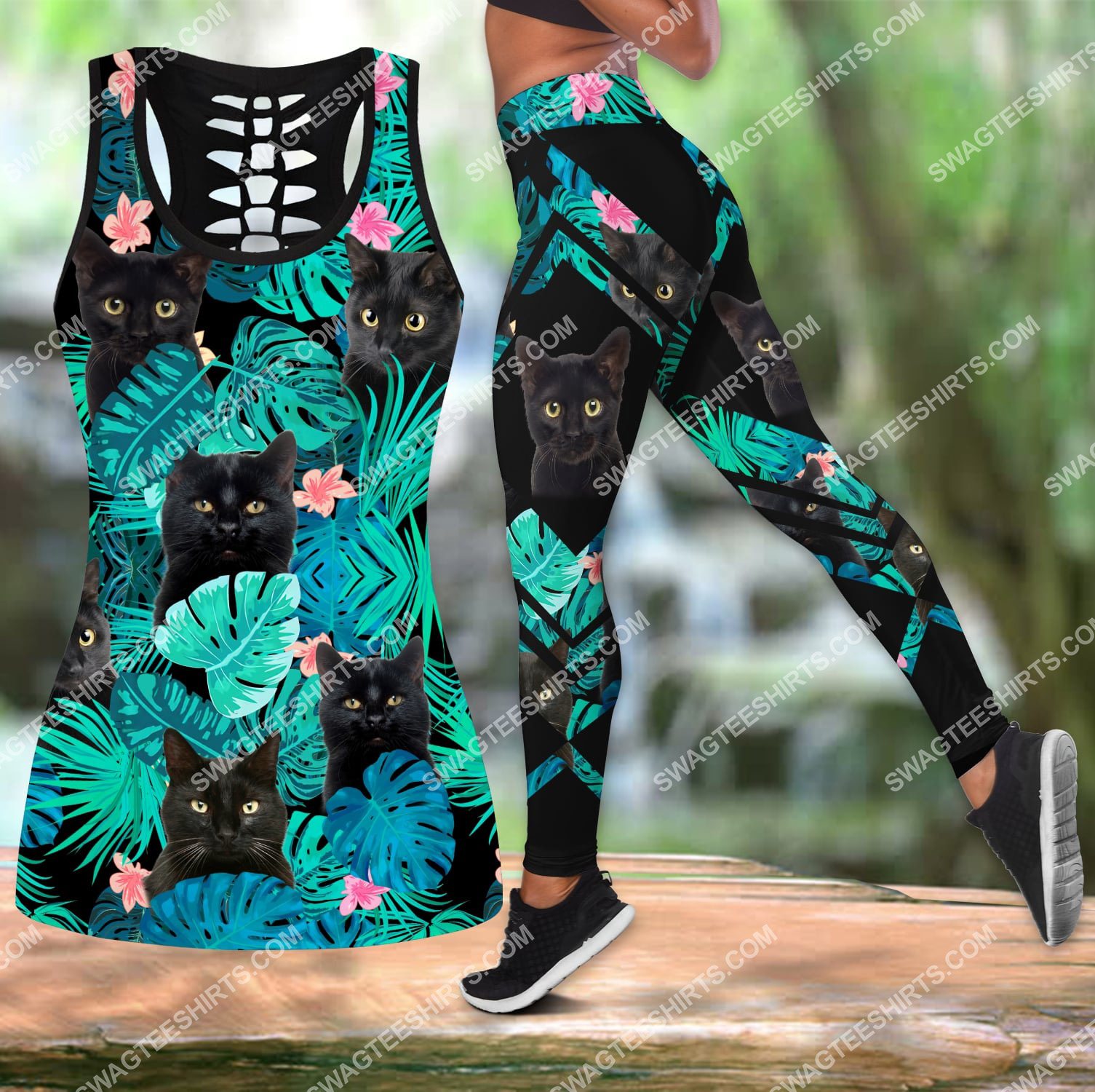 tropical black cat all over printed set sports outfit 3
